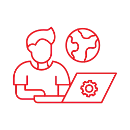 a red line art of a person working on a laptop