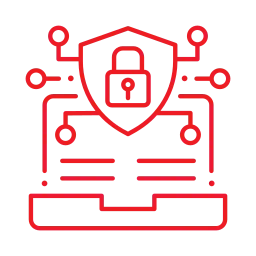 a red line art of a computer with a shield and a lock