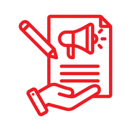 a hand holding a paper with a pen and a megaphone