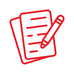 a red line drawing of a paper and a pen