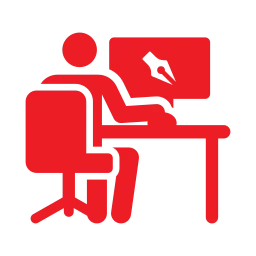 a red icon of a person sitting at a desk