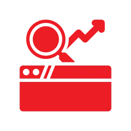 a red logo with a magnifying glass and arrow