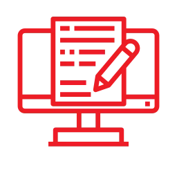 a red line drawing of a paper and a pen on a computer screen